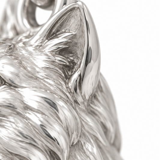 Super macro of seated Domestic Longhair silver cat charm from a low side angle