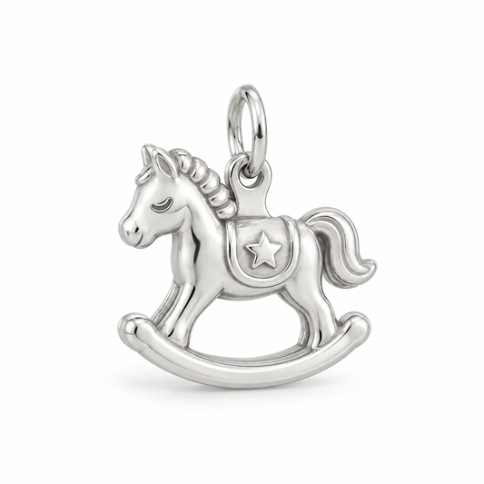 Polished silver rocking horse charm with a small star on the saddle for baby first Christmas.
