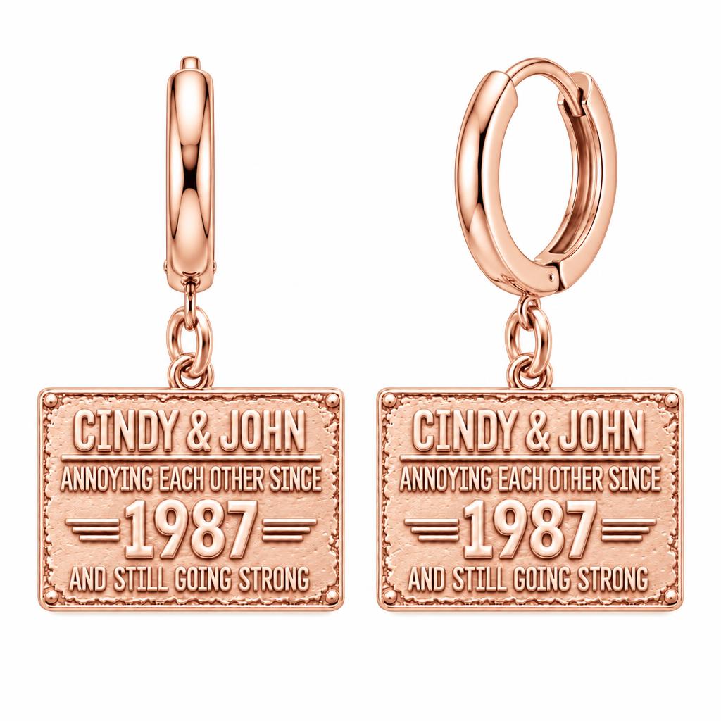 Annoying Each Other Since Huggie Charm Earrings – rose gold, front view