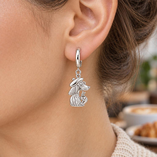 Artisan Poodle With Coffee Huggie Charm Earrings – worn / in use