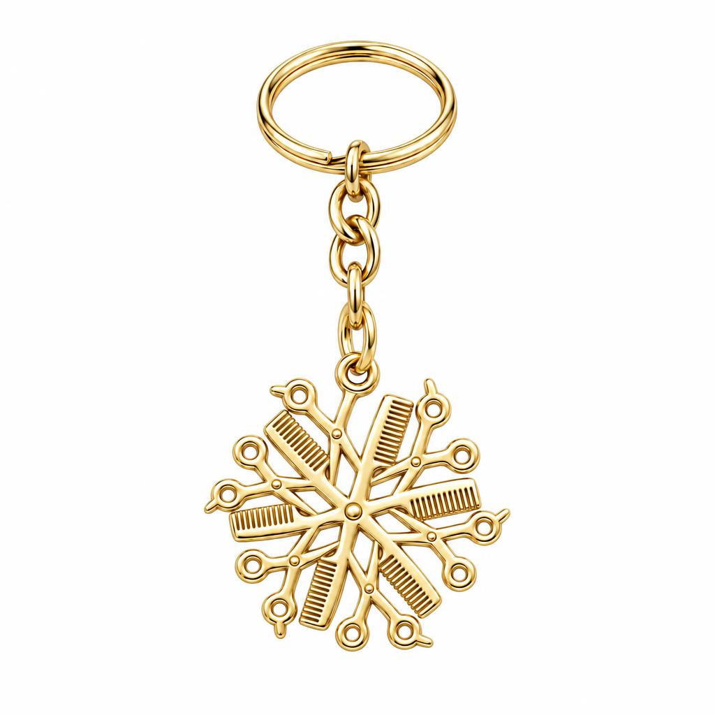 Artisan Shears and Comb Mandala Charm Keychain – 18K gold, front view
