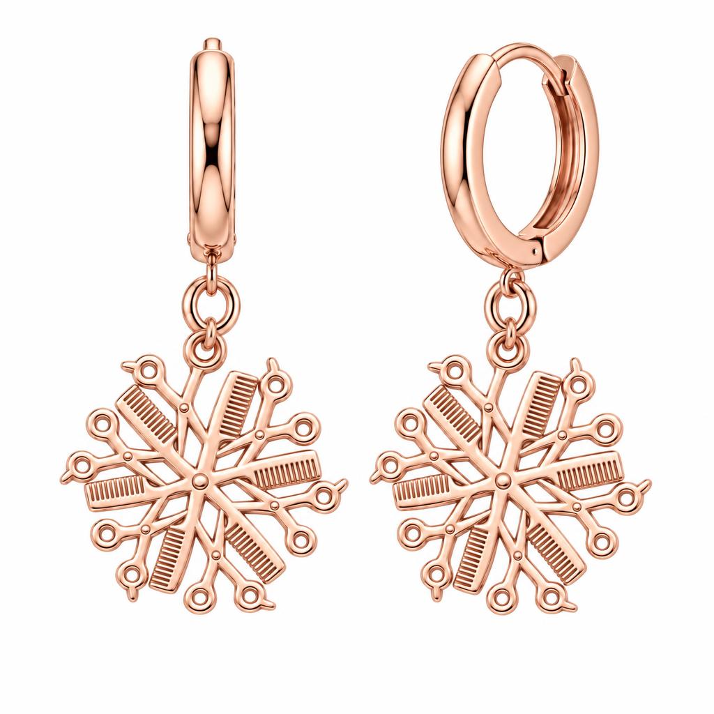 Artisan Shears and Comb Mandala Huggie Charm Earrings – rose gold, front view