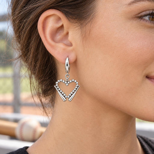 Baseball Heart and Bats Huggie Charm Earrings – worn / in use