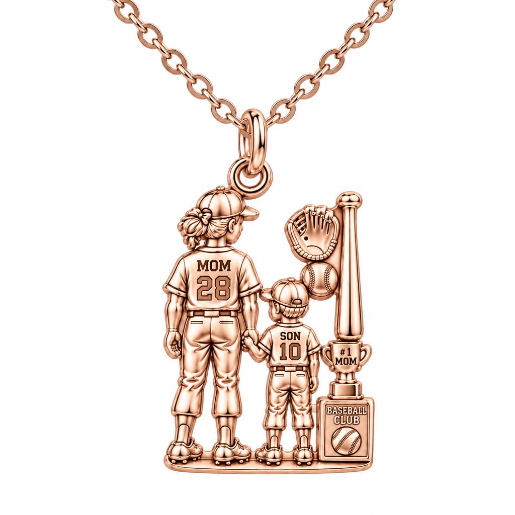 Baseball Mom and Son Charm Necklace Set – rose gold, front view