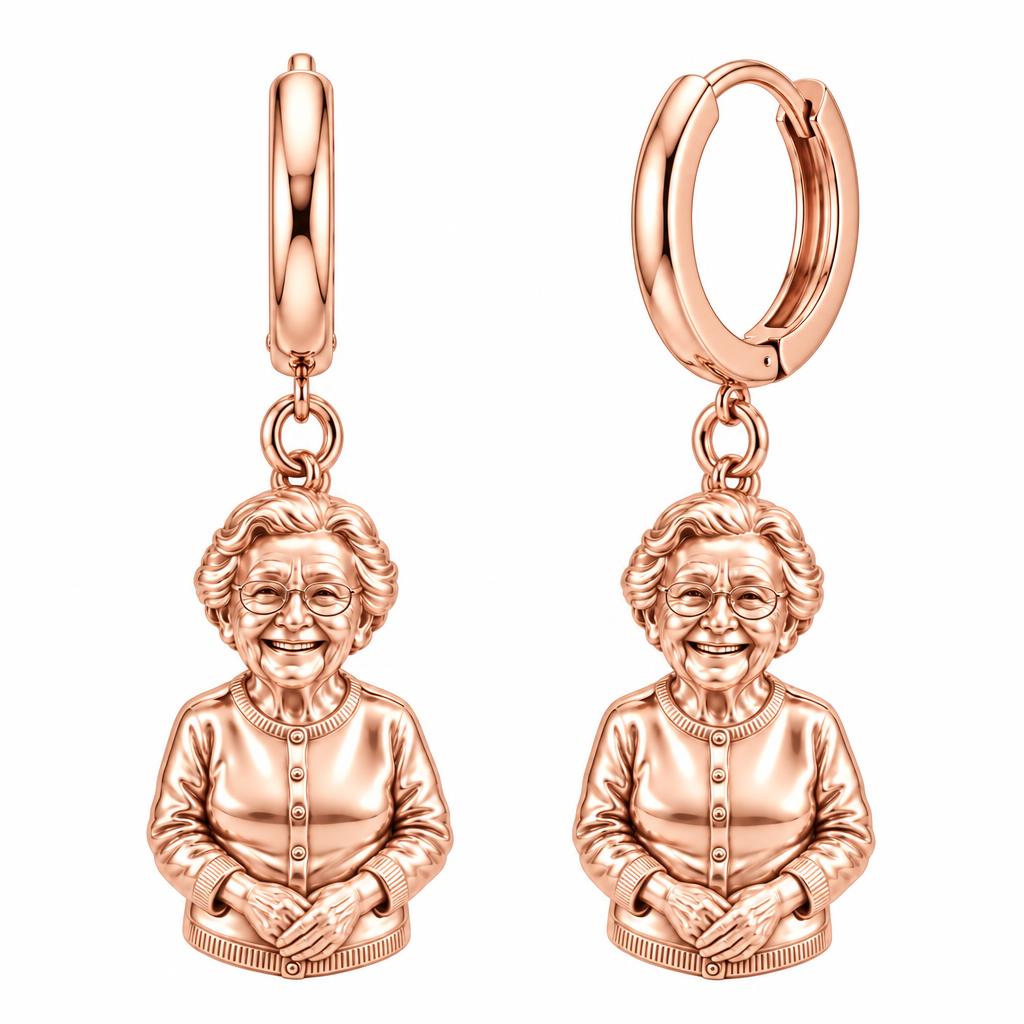 Beloved Matriarch Portrait Huggie Charm Earrings – rose gold, front view
