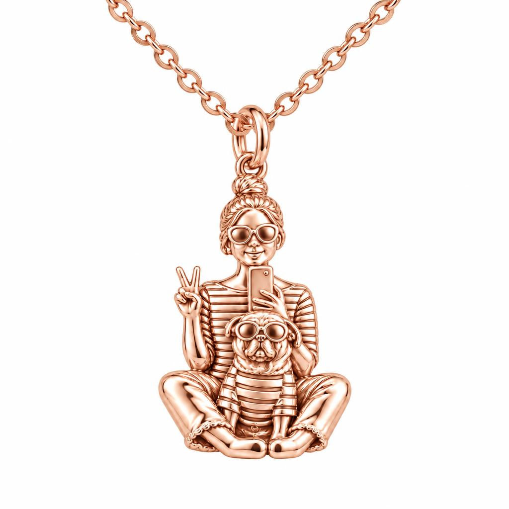 Bestie Selfie Pug Charm Necklace Set – rose gold, front view