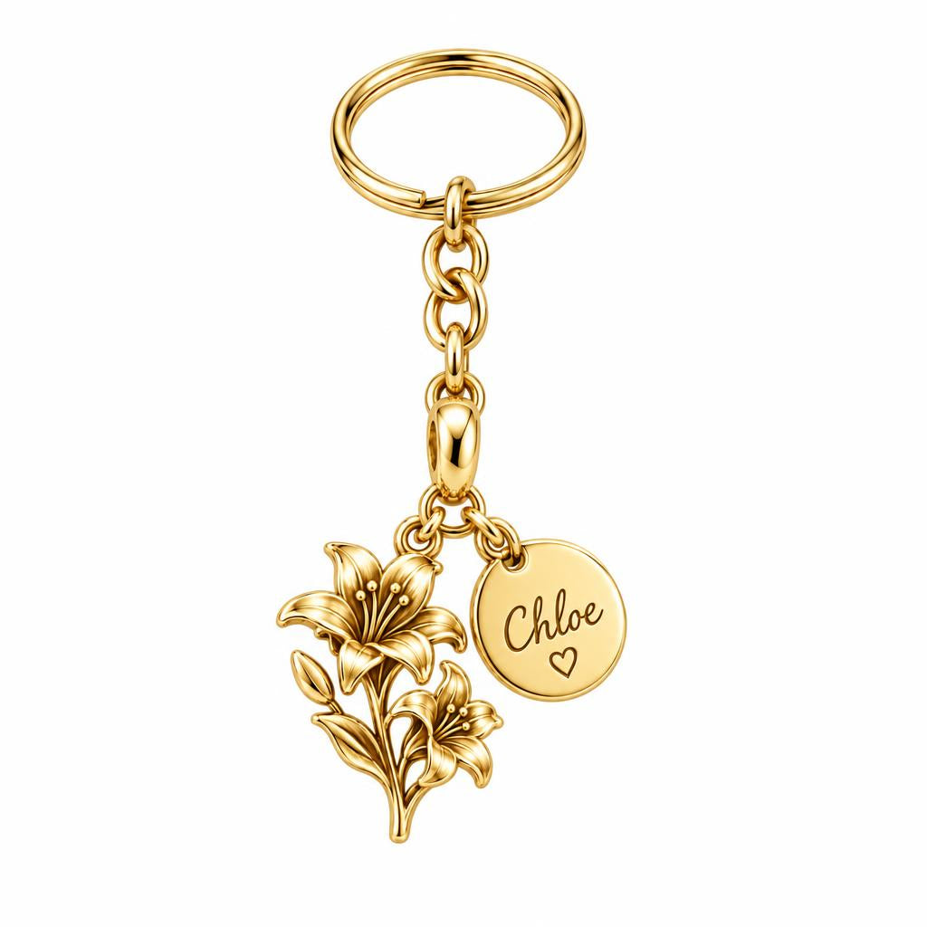 Blooming Lily Petal Charm Keychain – 18K gold, front view