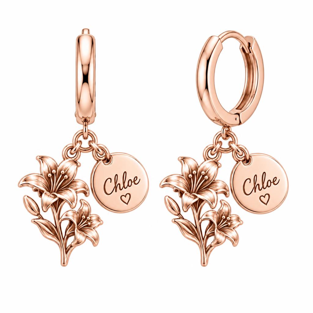 Blooming Lily Petal Huggie Charm Earrings – rose gold, front view