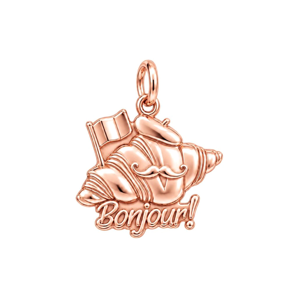 Bonjour Croissant Charm Bracelet – Personalized Traveler Gift – rose gold charm, front view