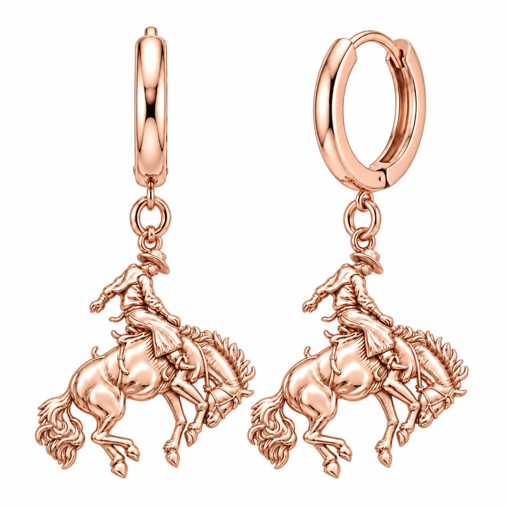 Bucking Bronco Rider Huggie Charm Earrings – rose gold, front view