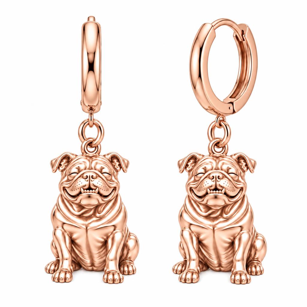 Bulldog Expression Huggie Charm Earrings – rose gold, front view