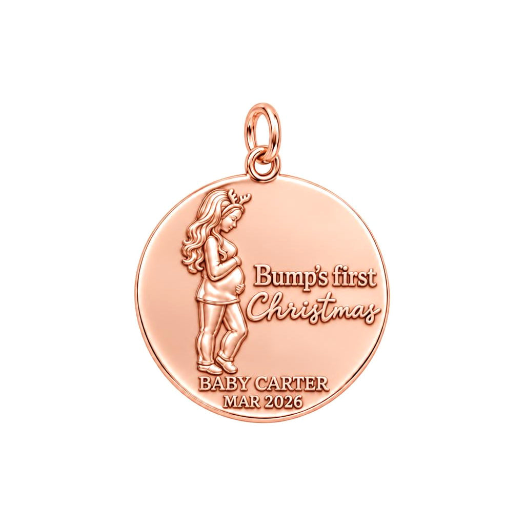 Bump's First Christmas Charm Bracelet – Personalized Mom Gift – rose gold 3 cm charm, front view