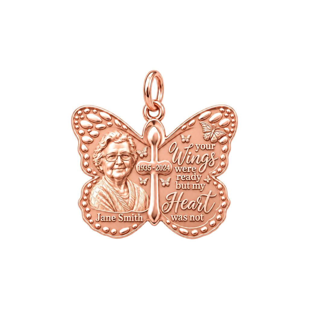 Butterfly Wings Memorial Charm Bracelet – Personalized Bereavement – rose gold 3 cm charm, front view