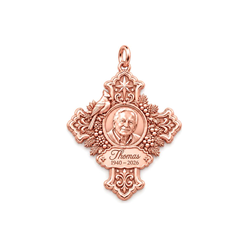 Cardinal Cross Memorial Charm Bracelet – Personalized Bereavement Gift – rose gold charm, front view
