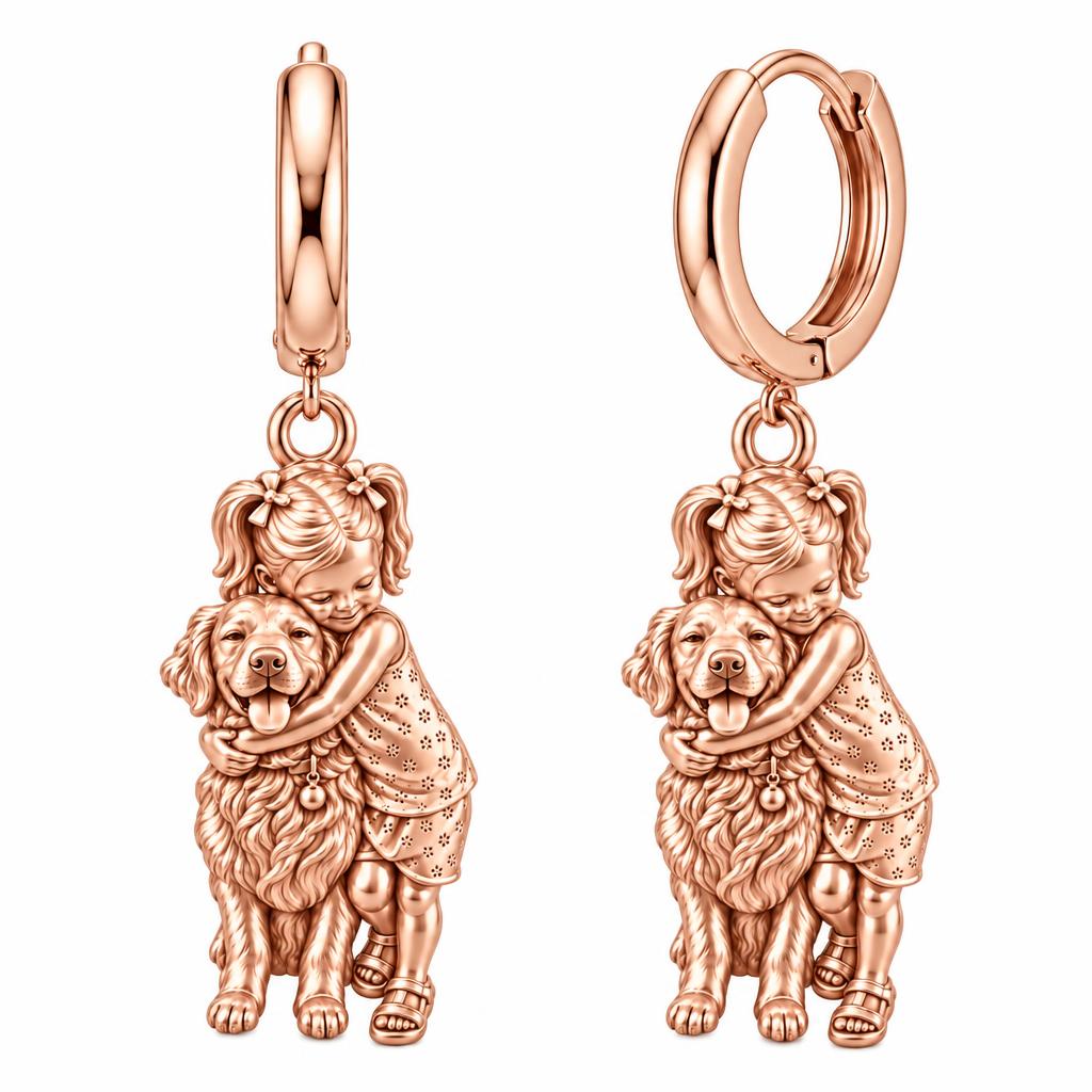 Child and Pet Best Friends Huggie Charm Earrings – rose gold, front view