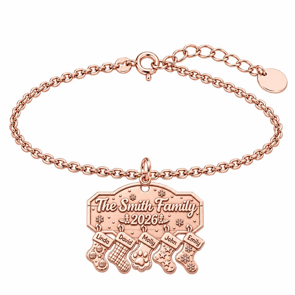 Christmas Stocking Family Mantel Charm Bracelet Set – rose gold, front view