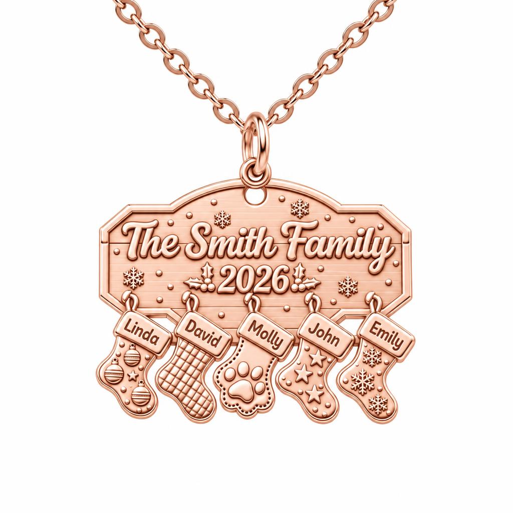Christmas Stocking Family Mantel Charm Necklace Set – rose gold, front view