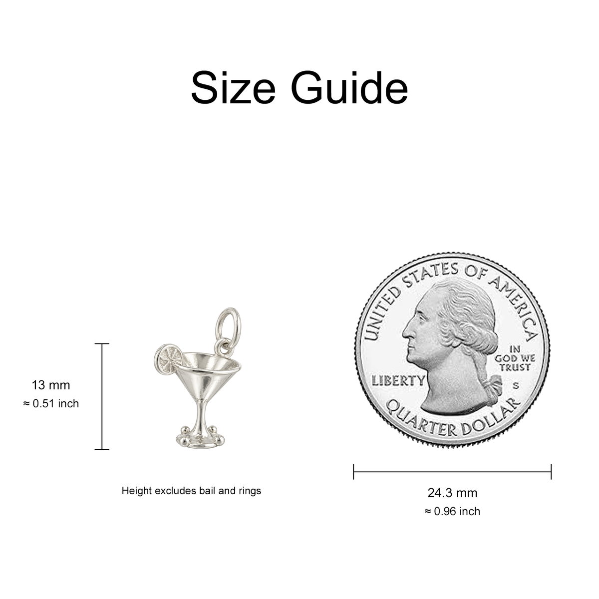 Cocktail Glass and Four Dots Charm — Size Guide — 13 mm body excluding bail and rings — 50-works-silver-20260916-12