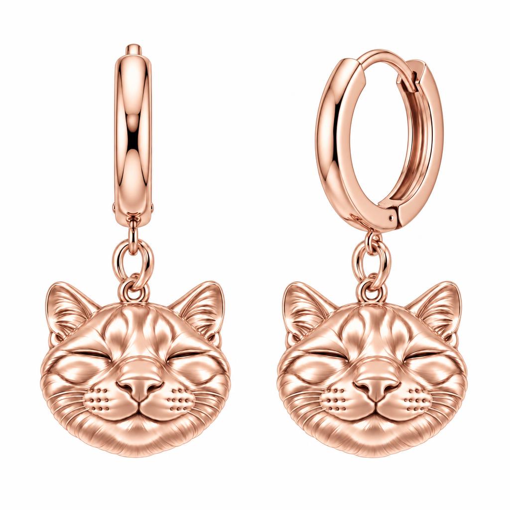 Contented Furry Friend Huggie Charm Earrings – rose gold, front view