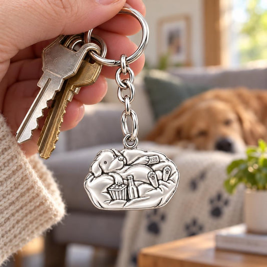 Couch Potato Pup Charm Keychain – worn / in use