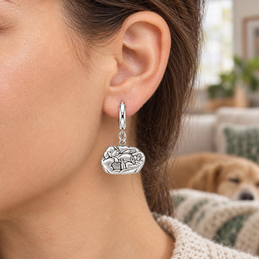 Couch Potato Pup Huggie Charm Earrings – worn / in use