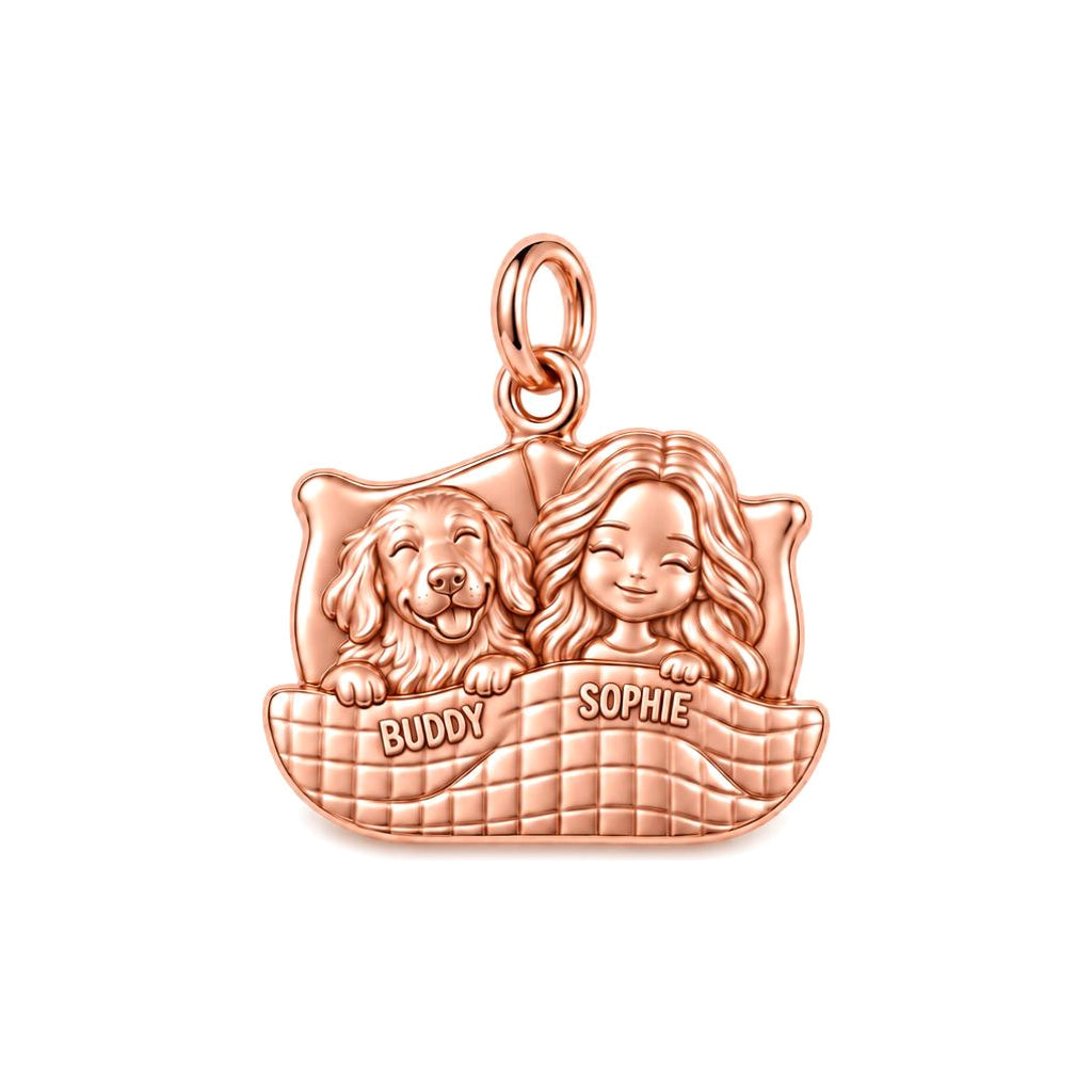 Cozy Bedtime Cuddles Charm Bracelet – Personalized Dog Mom Gift – rose gold 3 cm charm, front view