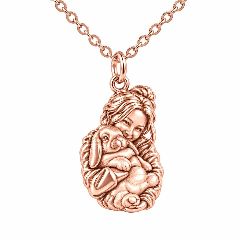 Cozy Cuddle Fluffy Rabbit Charm Necklace Set – rose gold, front view