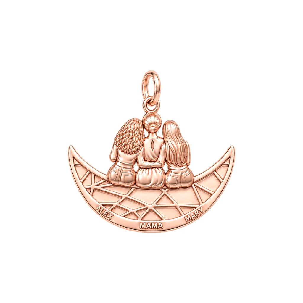 Crescent Moon Motherhood Charm Bracelet – Personalized Mom Gift – rose gold 3 cm charm, front view