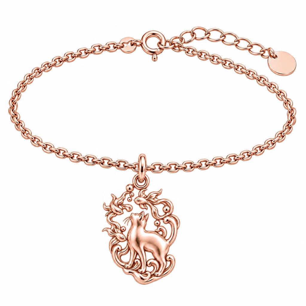Curious Cat and Goldfish Charm Bracelet Set – rose gold, front view