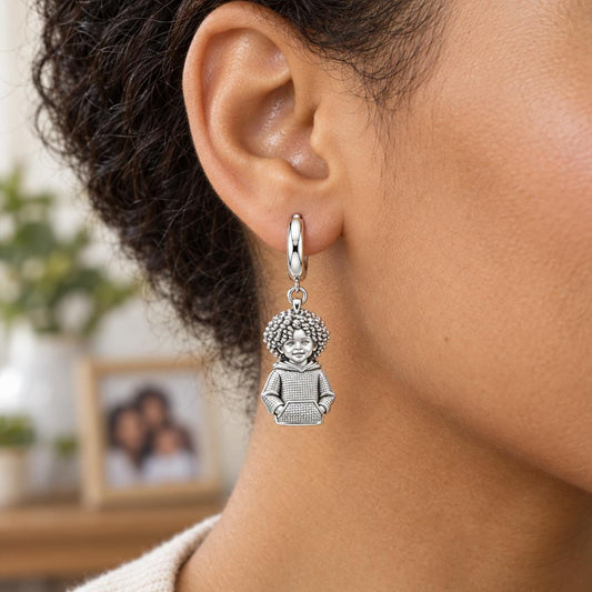 Curly Haired Sweetheart Huggie Charm Earrings – worn / in use