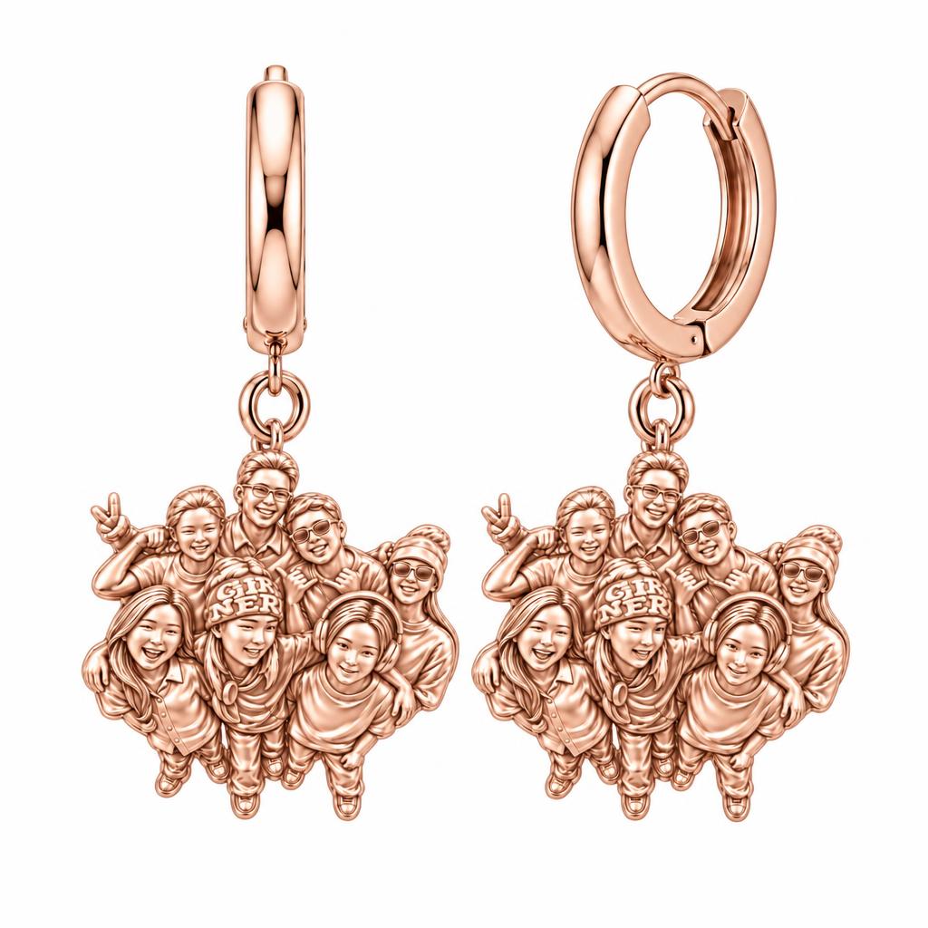 Custom Sculpted Group Portrait Huggie Charm Earrings – rose gold, front view