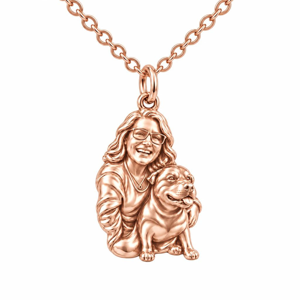 Custom Sculpted Pet Portrait Charm Necklace Set – rose gold, front view