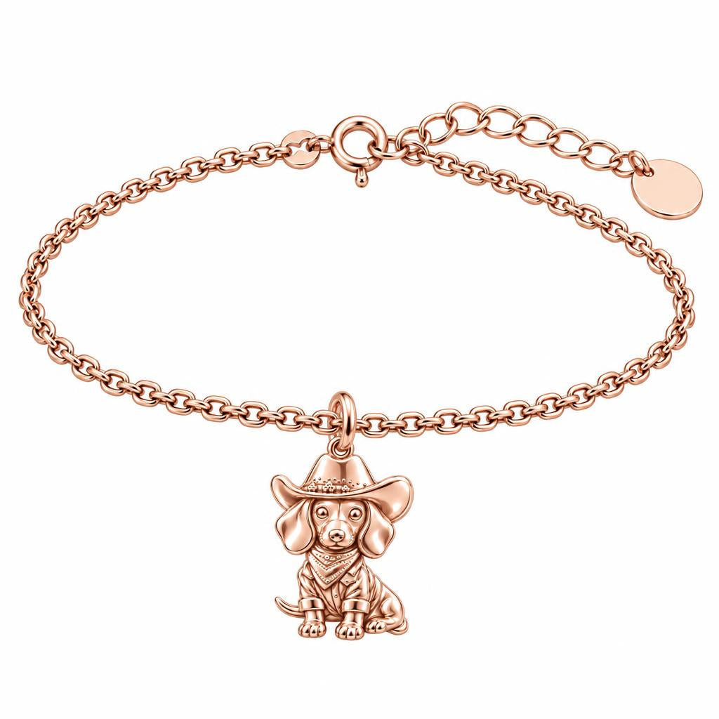 Dachshund Cowboy Charm Bracelet Set – rose gold, front view