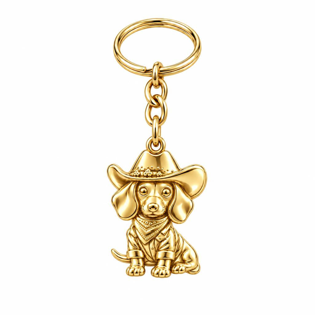 Dachshund Cowboy Charm Keychain – 18K gold, front view