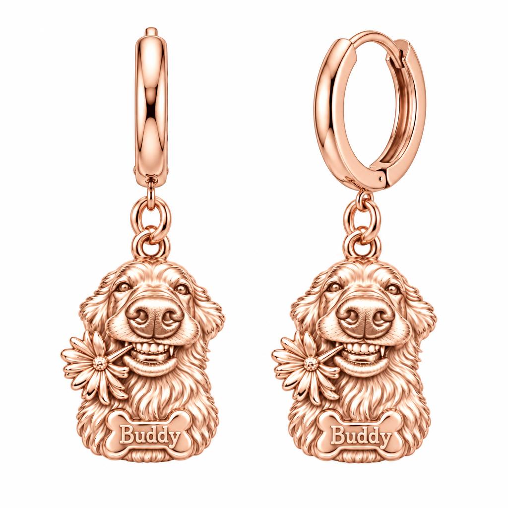 Daisy Smile Dog Huggie Charm Earrings – rose gold, front view