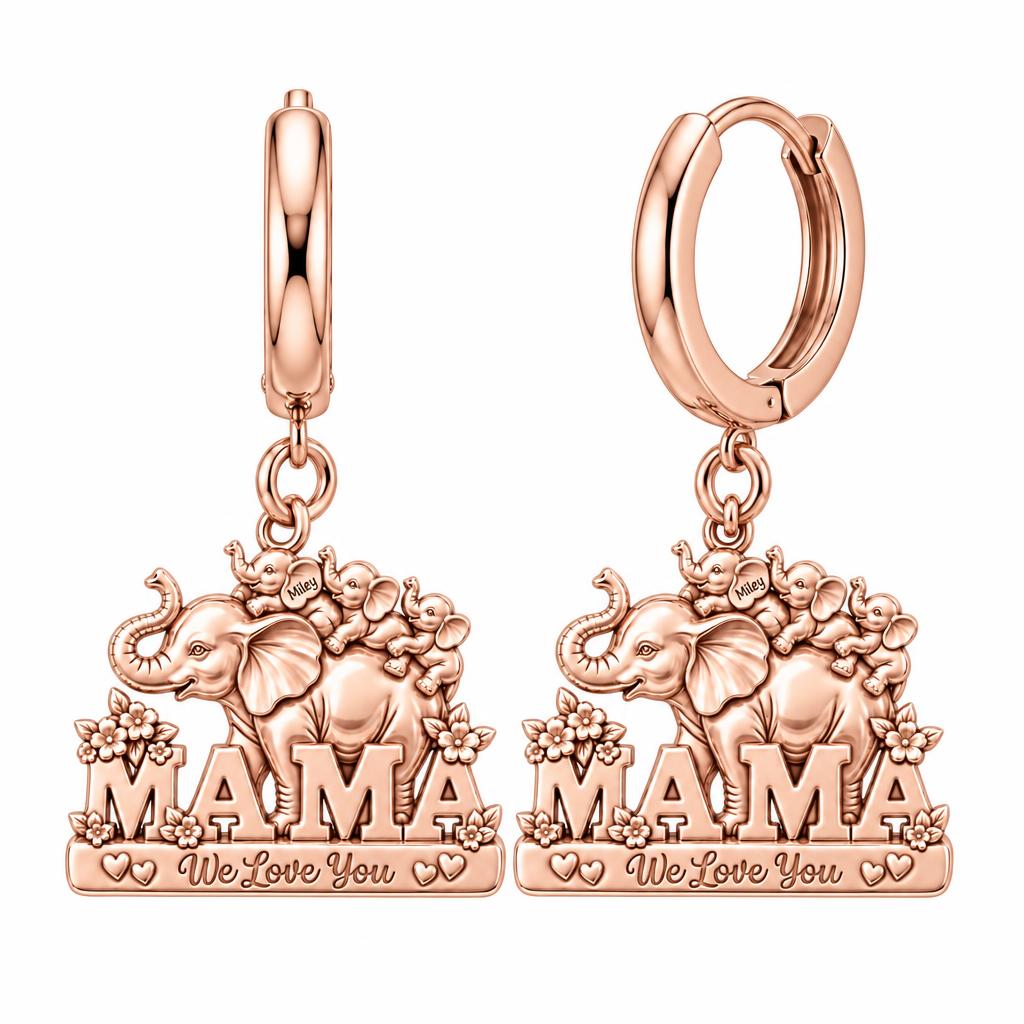 Elephant Matriarch and Calves Huggie Charm Earrings – rose gold, front view
