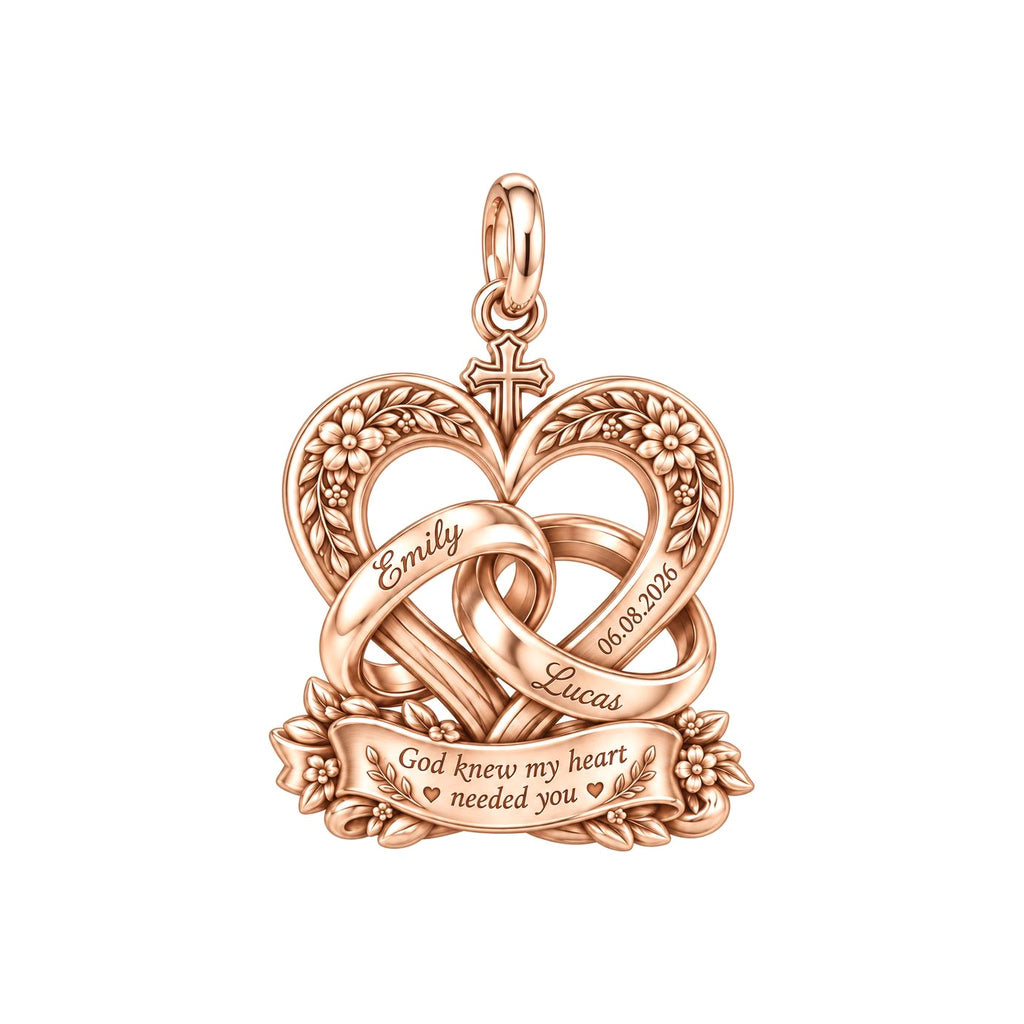 Entwined Hearts and Cross Charm Bracelet – Personalized Couple Gift – rose gold 3 cm charm, front view