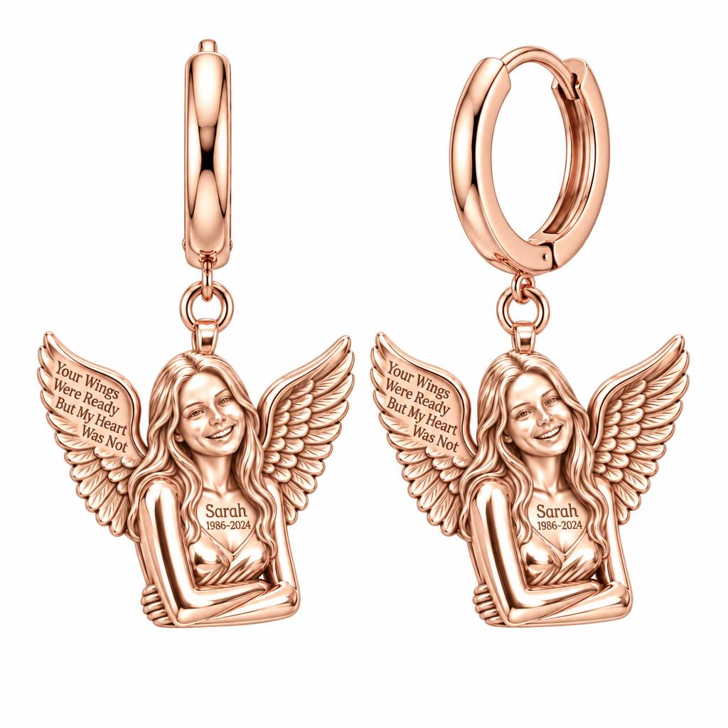 Eternal Angel Wings Huggie Charm Earrings – rose gold, front view
