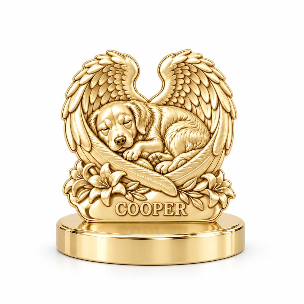 Eternal Angel Wings Pup Keepsake Plaque – 18K gold, front view