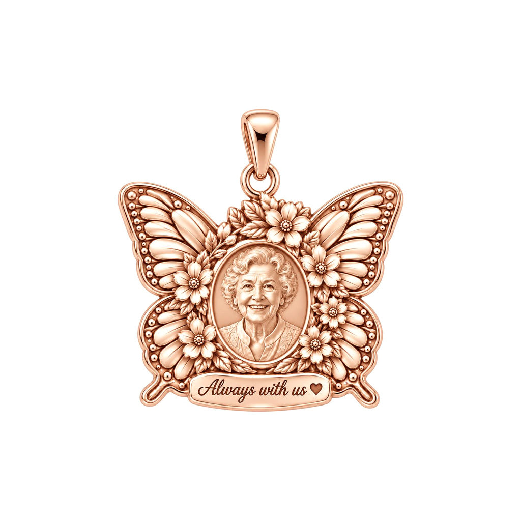 Eternal Butterfly Portrait Charm Bracelet – Personalized Memorial Gift – rose gold 2 cm charm, front view