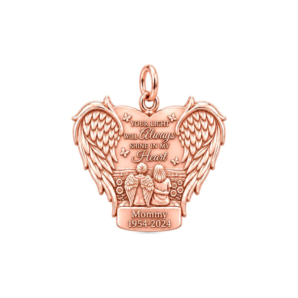 Eternal Light Angel Wings Charm Bracelet – Personalized Memorial Gift – rose gold 3 cm charm, front view