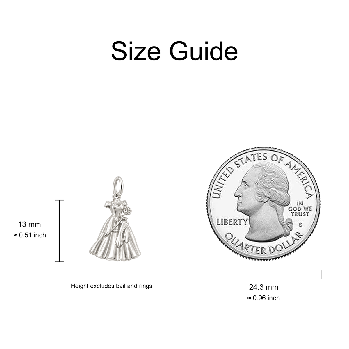 Evening Gown and Rose Charm — Size Guide — 13 mm body excluding bail and rings — 50-works-silver-20260916-101