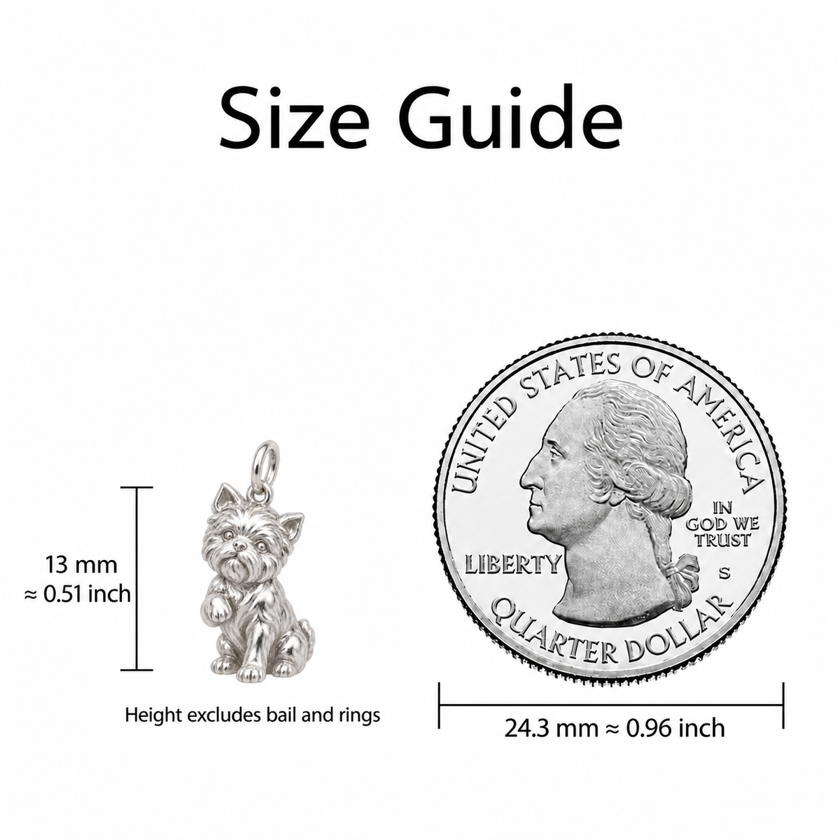 Jack Russell Terrier My Baby Charm — size guide next to a US quarter