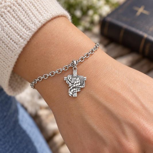 Faith and Freedom Cross Charm Bracelet Set – worn / in use