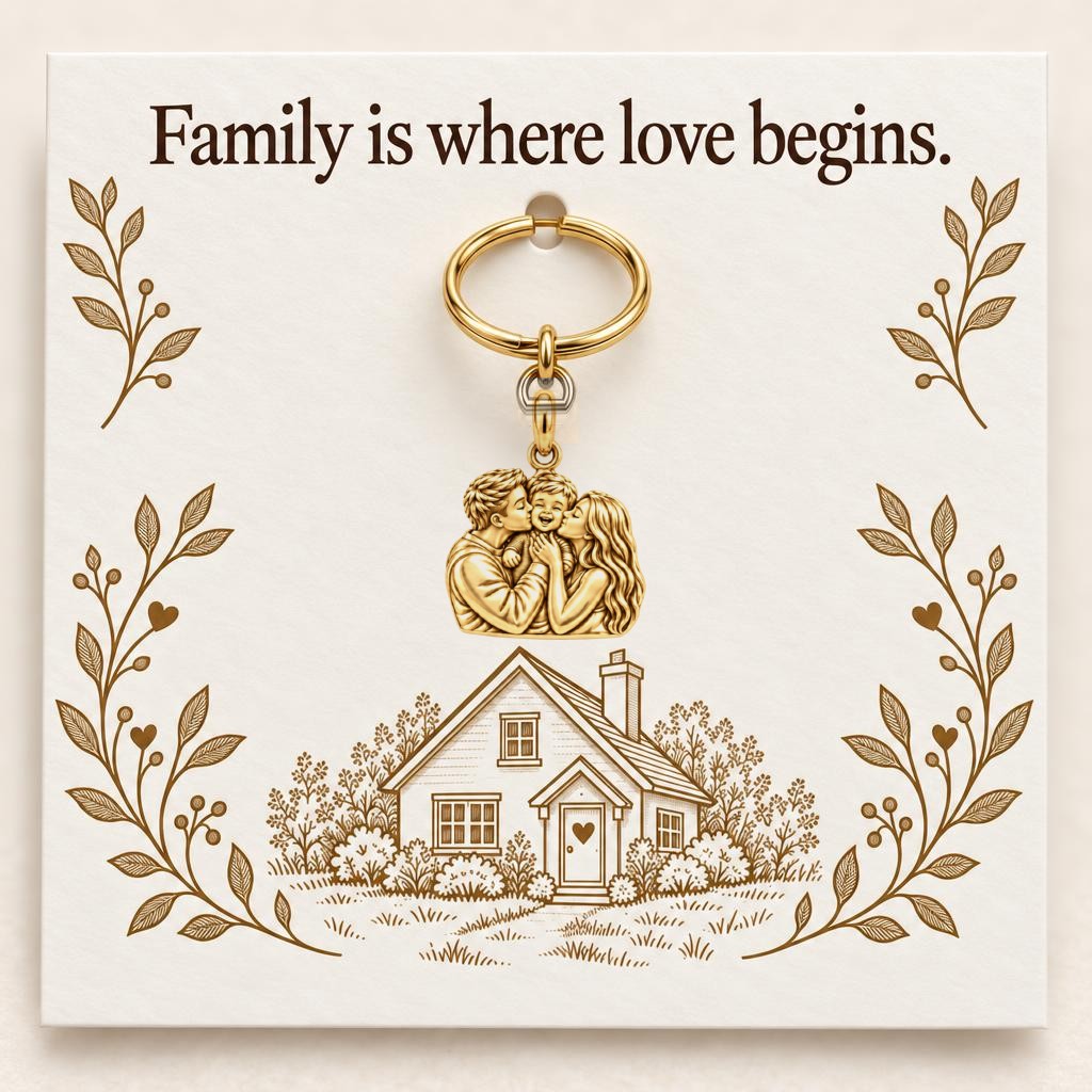Family Is Where Love Begins Charm Keychain – 18K gold, on its message card