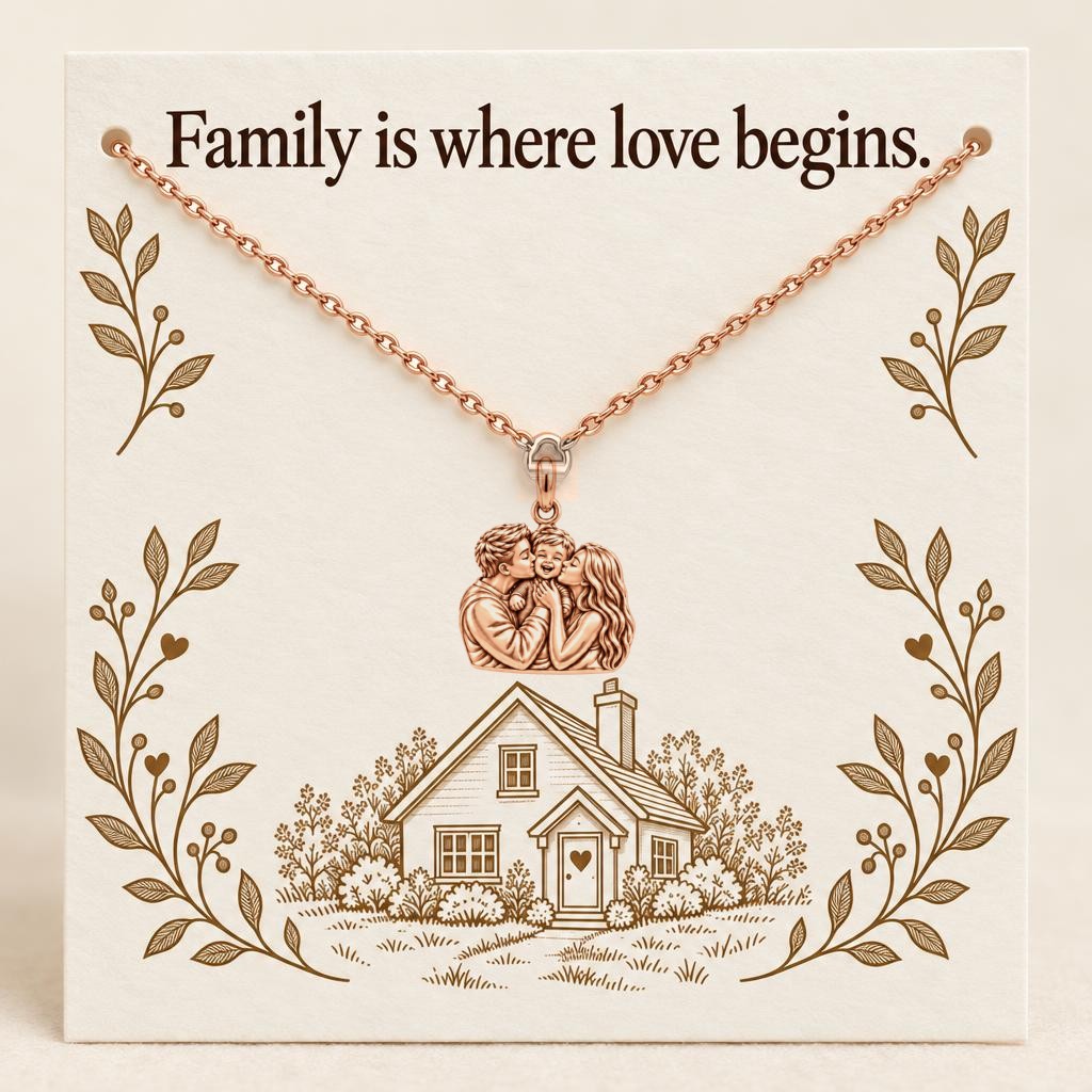 Family Is Where Love Begins Charm Necklace Set – rose gold, on its message card