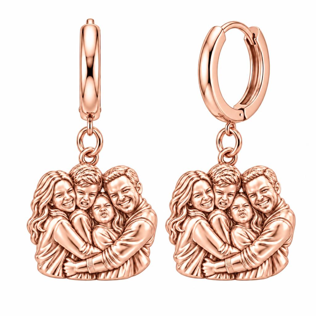 Family Portrait Hug Huggie Charm Earrings – rose gold, front view