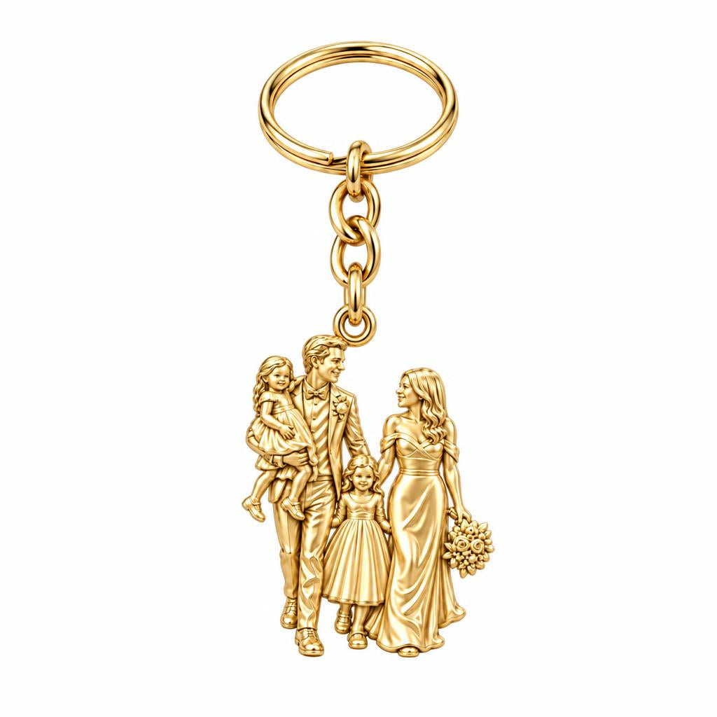 Family Wedding Portrait Charm Keychain – 18K gold, front view