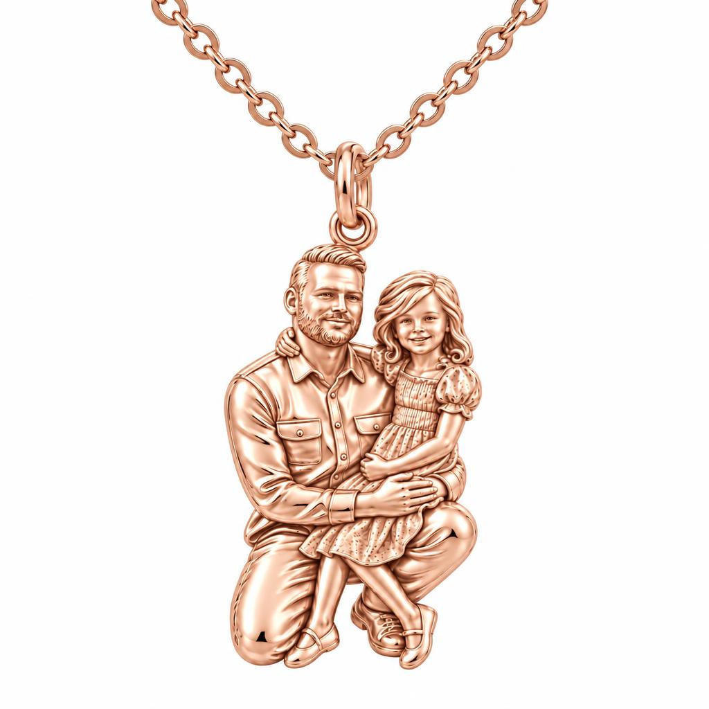 Father and Daughter Portrait Charm Necklace Set – rose gold, front view