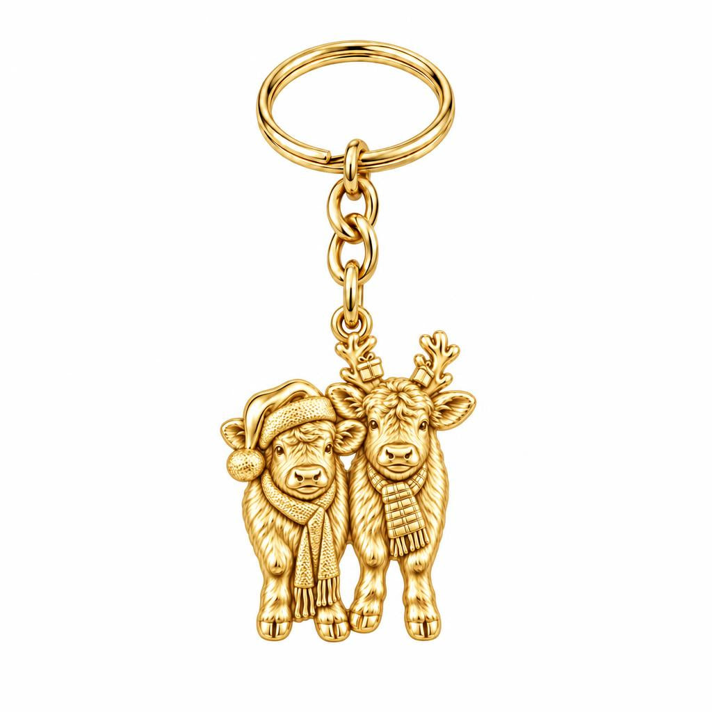 Festive Highland Calves Charm Keychain – 18K gold, front view